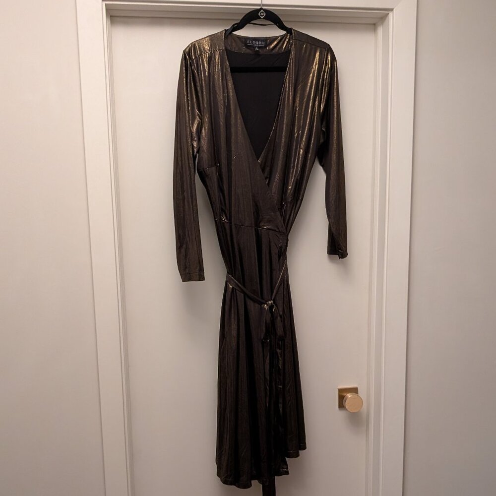 Eloquii Gold Lamé Wrap Dress Sz 18 EUC